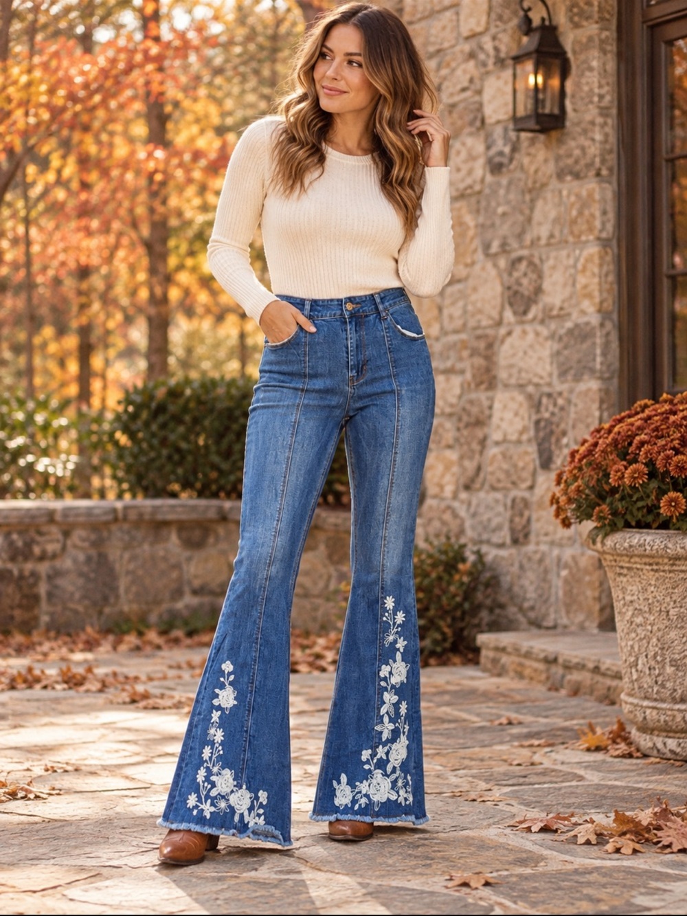 Chelsea & Violet Size 8 Floral Embroidered High Rise Flare Bell Bottom Jeans